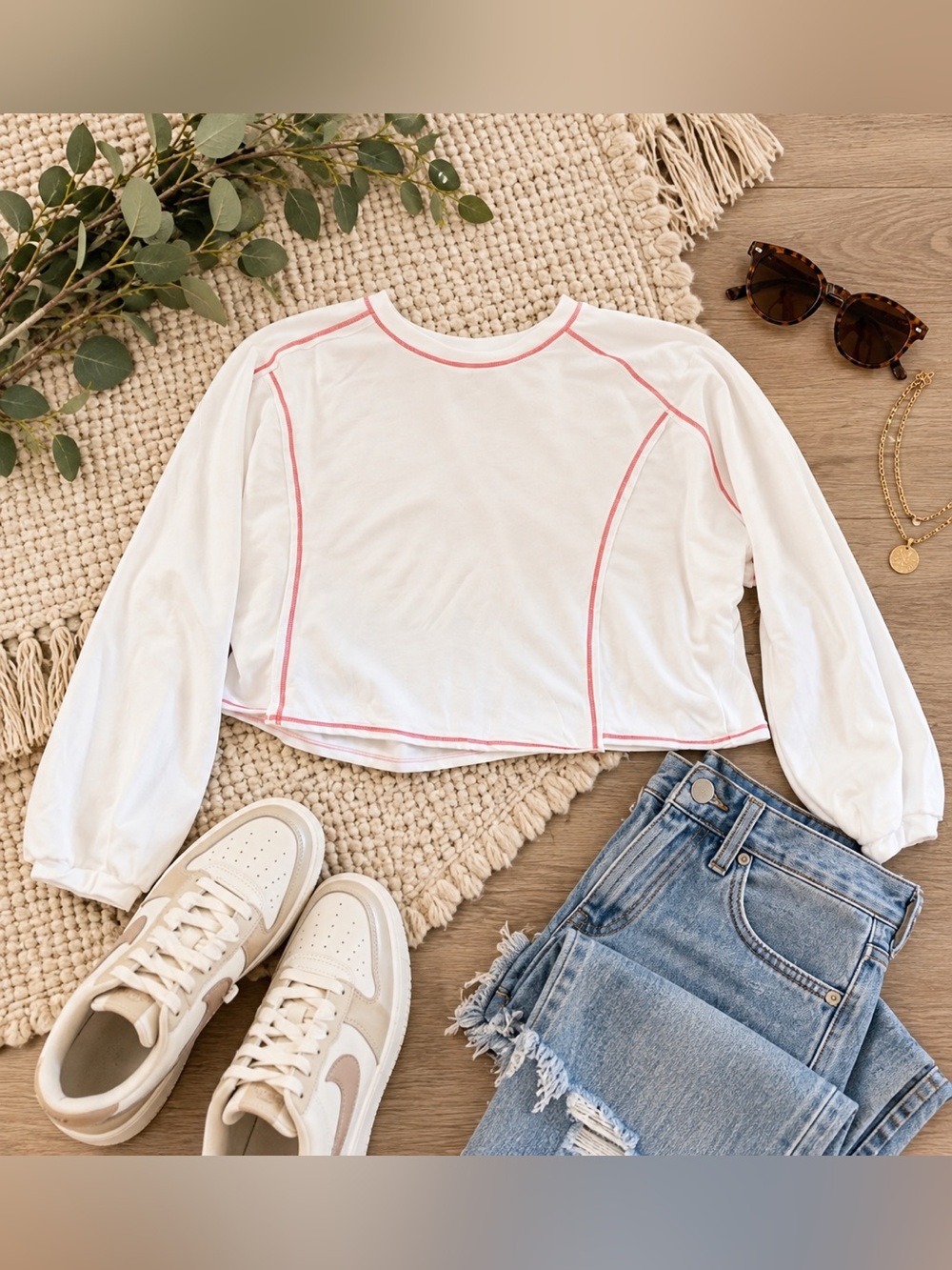 NWT AS Revival Altar’d State Large Cropped Long Sleeve Top White Contrast Stitch